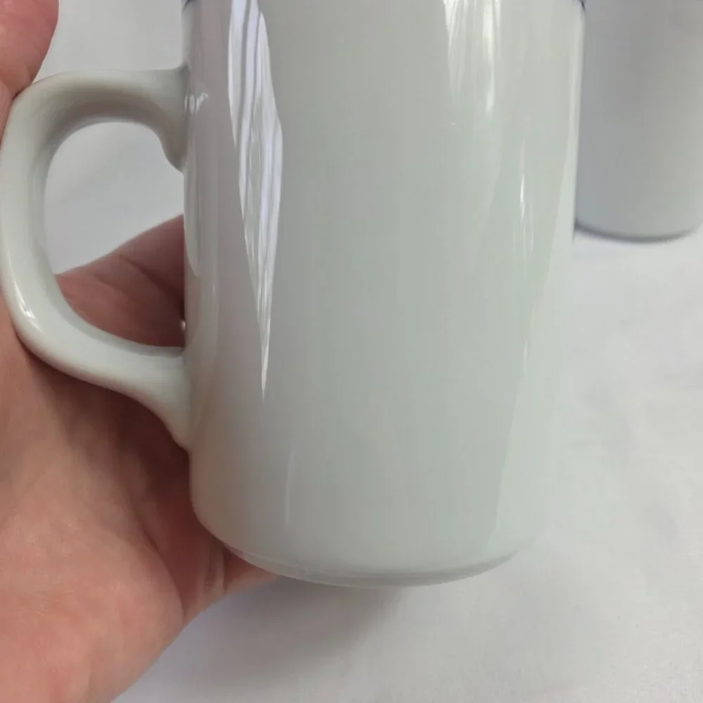 TWO Dansk Allegro Blue Mugs White with Two Blue Bands on Rim
